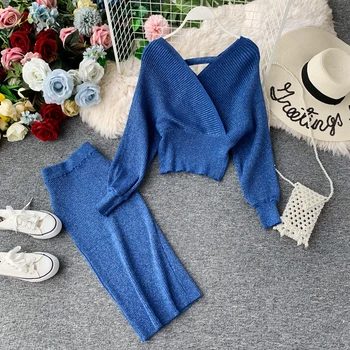 

NiceMix Good Quality Two Piece Set Shining High Waist Dress Women 2019 V Neck Elegant Bodycon Dress Autumn Winter Knitted Dress