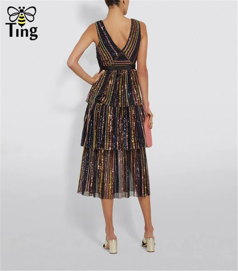 Tingfly дизайнерские SP Роскошные вечерние платья с блестками винтажные элегантные с v-образным вырезом Многослойные миди длинные платья Блестящие Sequines повседневные платья