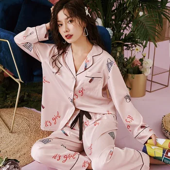 

Smmoloa New Printed Women Pijama Silk Pajama Women Silk Pyjama