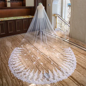 

2020 Long Bridal Veil With Comb Appliques Edge Lace Sequins One Layer 5M Cathedral Wedding Veil Voile Mariee
