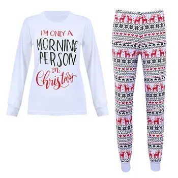 

Women Crew Neck Pajamas Warm Elk Print Sleepwear Christmas Family Top+Pant Long Sleeve