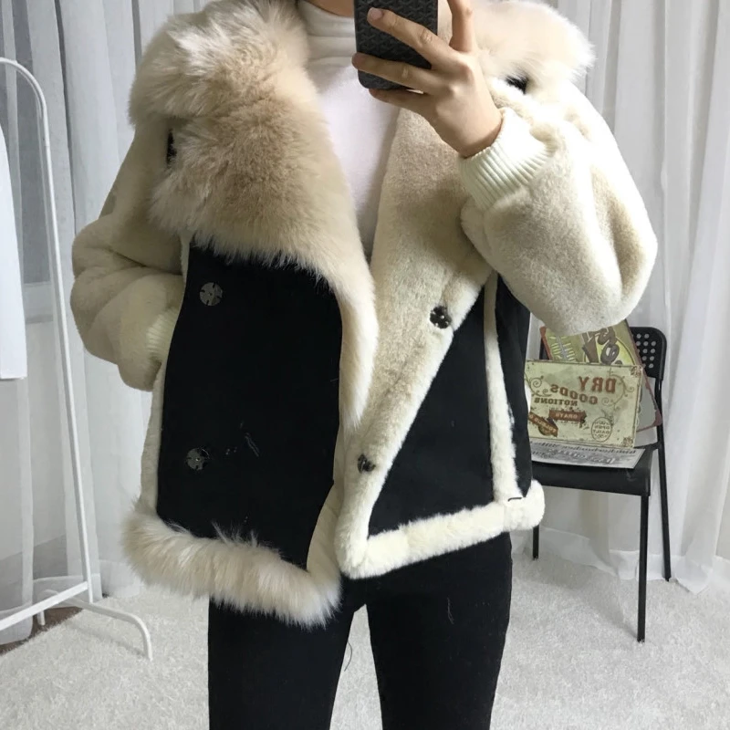 Casual Winter Wool Blends Coats Woman Rabbit Fur Collar Coats Automotive Women Overcoats