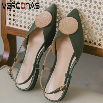 

VERCONAS Women Genuine Leather Office Shoes Thick Heel High Quality Pointed Toe Buckle Sandals Thick Heels Popular Shoes Woman