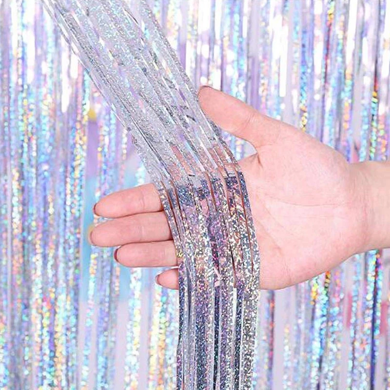 2x1m Silver Laser Metallic Foil Tinsel Fringe Curtain Birthday Bachelorette Photography Backdrop