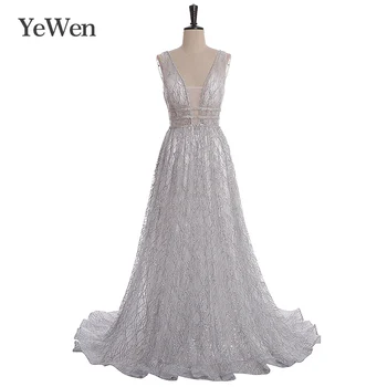 

Sparkle Evening Dresses Long YeWen A-Line Double V-Neck Silver Tulle Sexy Formal Dresses For Party Robe De Soiree YM20265