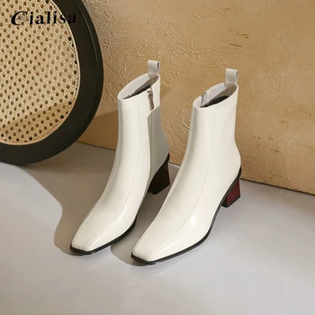 

CIALISA Women Boot White Fashion Round Toe High Heel Shoes 2020 Autumn Winter New Genuine Leather Chunky Heels Ankle Boots
