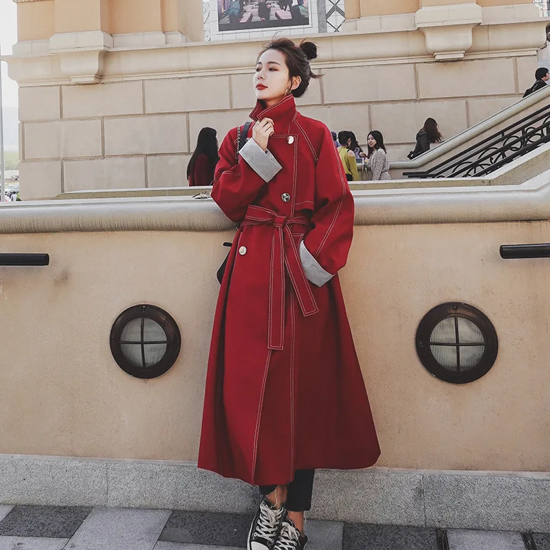 

Photo Shoot Red Windbreaker Women's Mid-length 2020 Spring Clothing Students New Style Korean-style Loose-Fit over-the-Knee Retr