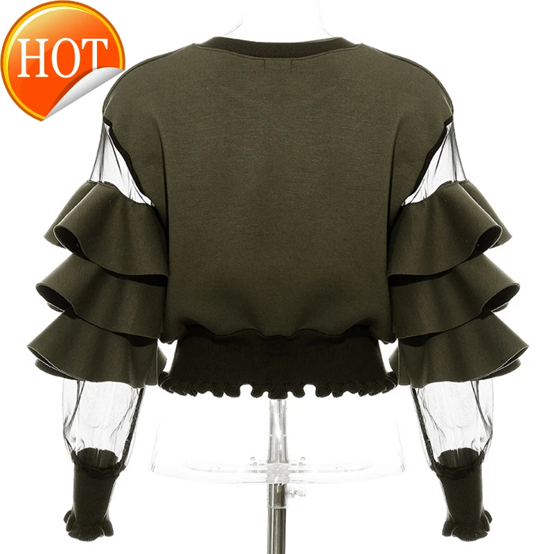 Mesh Women Cropped Sheer Sweatshirt Ruffles Short