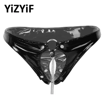 

Women bikini bottom Open Crotch Panties Underwear Wet Look Patent Leather Lingerie Low Rise briefs Metal O-ring Chain Briefs