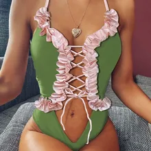 Винтажный Цельный купальник с рюшами, женский купальник с v-образным вырезом, женский купальник на шнуровке, монокини, боди с высоким вырезом, купальный костюм