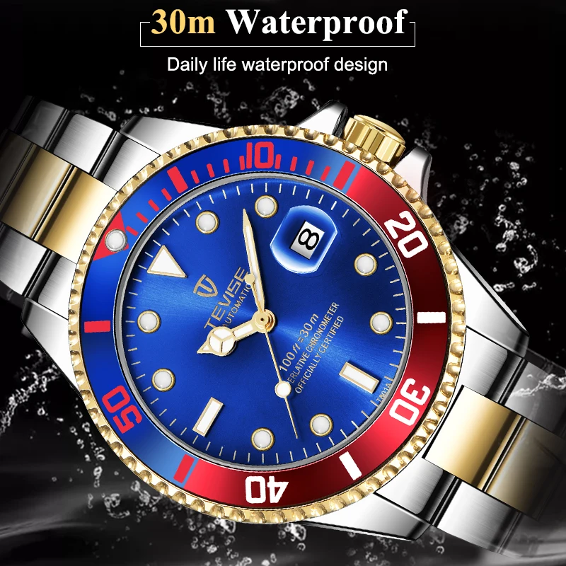 

Men Automatic Mechanical Watch TEVISE Luxury Green Water Ghost Fashion Men Stailness steel Luminous Date Business Wristwatch