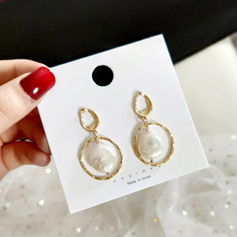 

Korea Earrings Pearl Needle Earrings Geometric Metal Circle Stitching Shell Earring Women Ear Ring Boho Beach Jewelry