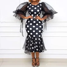 

Elegant Black Polka Dot Women Dress Sexy Mesh Stitching Mermaid Party Dresses Female Organza Transparent Sleeve Summer Vestido
