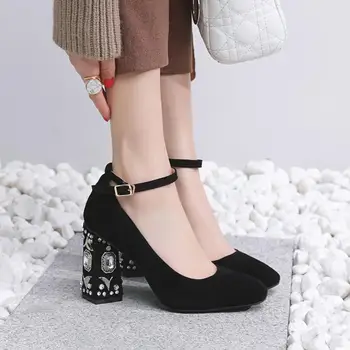

Women's genuine suede leather ankle strap pumps thick high heel crystal female evening pumps high quality bride wedding shoes