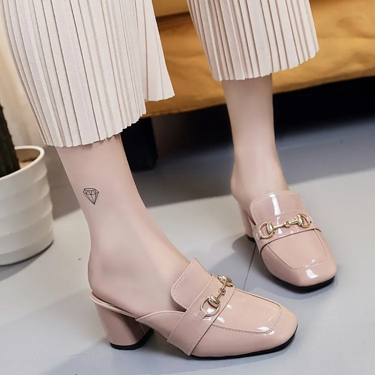 

Spring And Summer Chunky-Heel Metallic Decoration Closed-toe Slipper Women's Vintage Versatile Slipper Women's Extra High Square