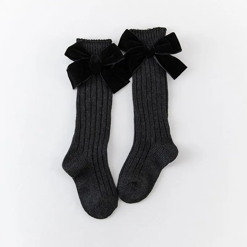 New Winter Children's Socks Thick Knitting Knee Hight Socks For Girls Warm Cotton Sock With Bows Baby Socken Princess Style
