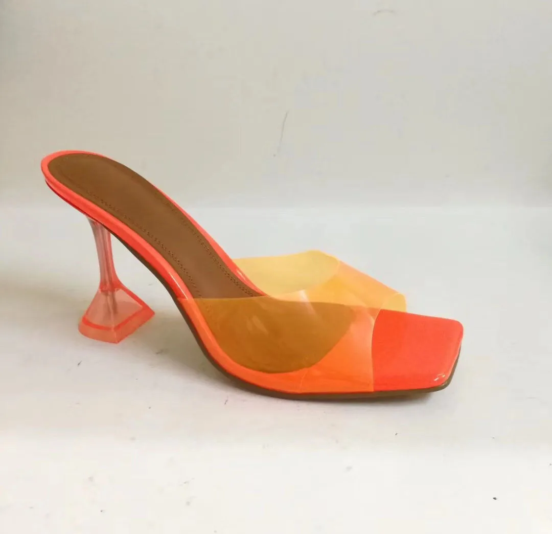 VIISENANTIN/Яркие Прозрачные Тапочки ПВХ; летние туфли на высоком каблуке; лаконичные женские вечерние туфли на высоком каблуке с открытым носком и квадратным носком - Цвет: Оранжевый