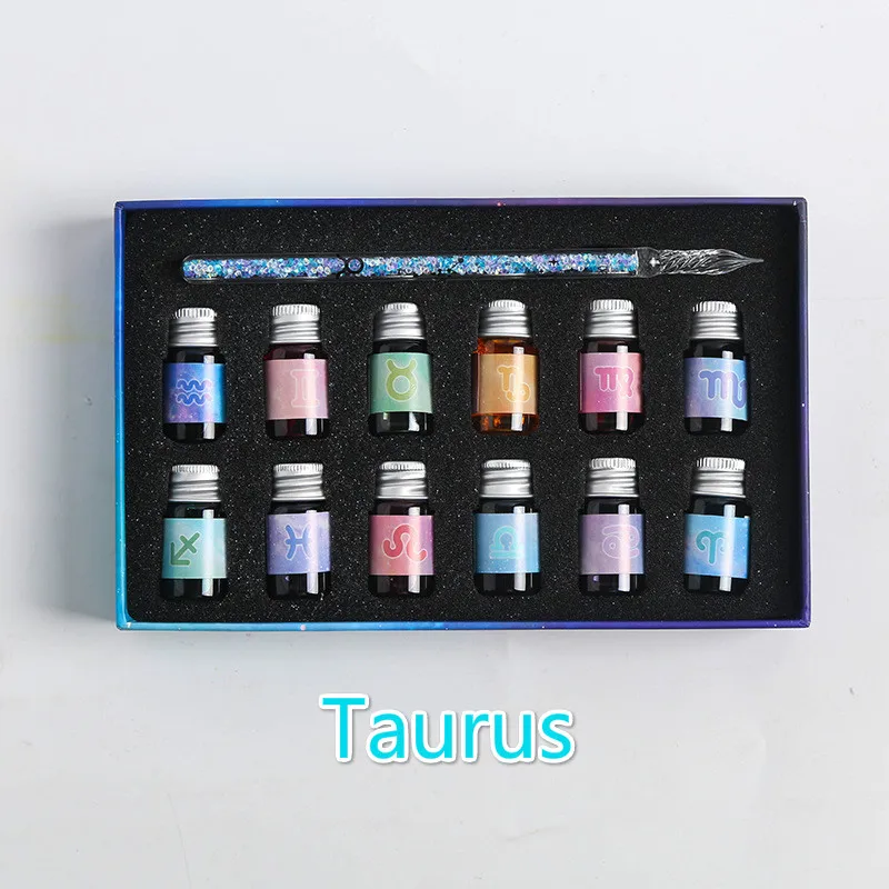 12 Созвездие стеклянной ручки 12-цветные чернила Dip ручка Подарочная коробка набор пишущий инструмент фонтан товары для рукоделия каллиграфия арабский - Цвет: Taurus