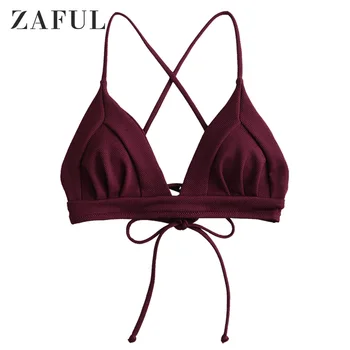

ZAFUL Women Textured Crisscross Bikini Swimsuit Wire Free Solid Lace Up Bikini Tops Lace Up Bikini Ladies Swimwear 2020 Fashion