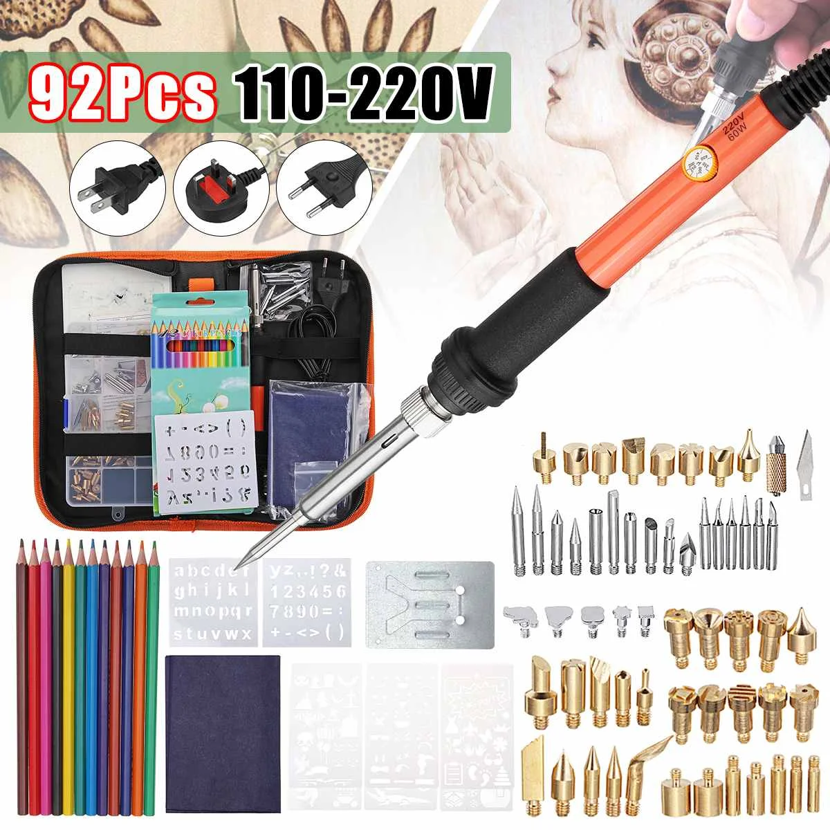 92pcs 60W Wood Burning Pen Set Stencil Soldering Tips Tool Pyrography Kit 