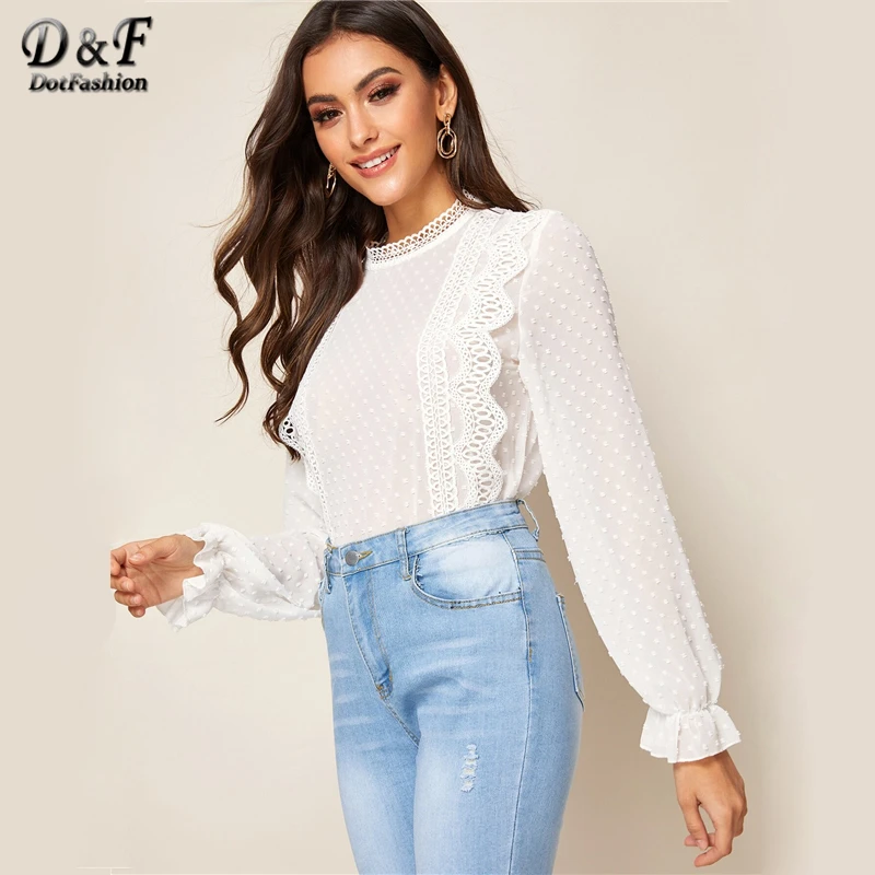 Dotfashion, повседневная, контрастная, кружевная, с оборкой, женская блузка,, осень, с воланами, рукав, блузки, для девушек, белый, швейцарский, в горошек, деталь, Топ