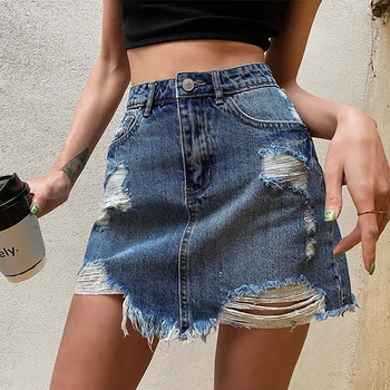

Summer High Waist Denim Mini Skirt Women Fashion Hole Lrregular A-line Skirt Blue Washed Slim Short Skirt Female
