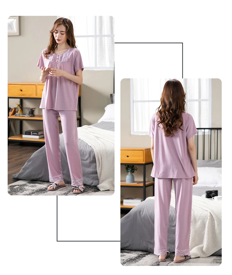 sexy pajama sets for women Women Pajama Sets Modal Cotton Pijamas Mujer Sleepwear Lady Short Sleeve Summer Nightwear Femme 2 Pieces Sets Lace Homewear XXXL womens pyjama sets