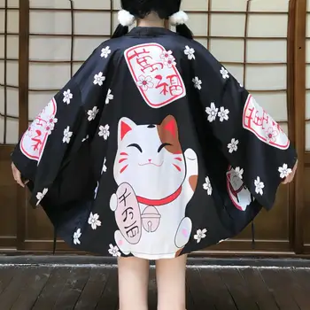 

New style Yukata female cardigan shirt Lovely kawaii style Kimonos woman 2020 blouse obi haori Japanese streetwear Lucky Cat