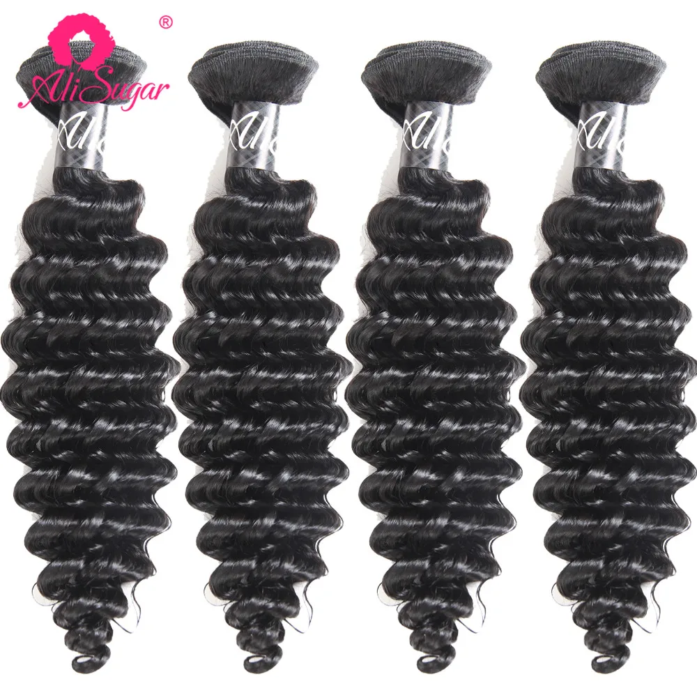 

Ali Sugar Hair Brazilian Deep Wave Raw Virgin Hair 4 Bundle Deals 100% Human Hair Extensions Natural Color Free Shipping