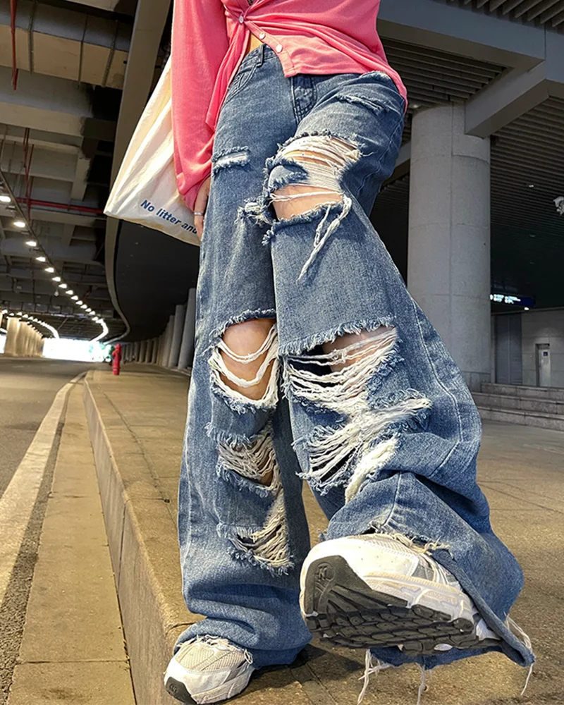 Spring and Autumn Women's street jeans Ripped jeans High waisted baggy jeans Wide leg jeans Y2K hip hop pants Blue fashion jeans denim