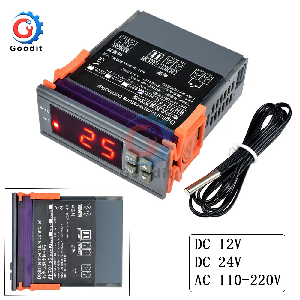 WH7016C DC 12V 24V AC 220V 10A lcd цифровой регулятор температуры, стабилизатор электронный термостат, термометр, управление+ зонд