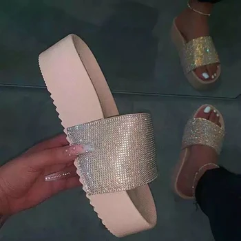 

Woman Rhinestones Slippers Summer 2020 Woman Fashion Thick Bottom Ladies Non-slip Platform Beach Shoes Women Footwear Plus Size
