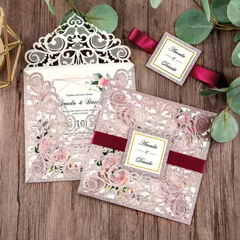 

1pcs Burgundy, Silver, White, Gold and Navy Blue Square Wedding Invitations with Gold Band