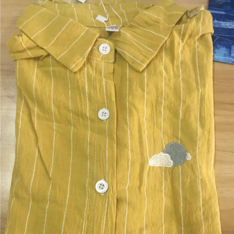 Goede Woherb 2020 Vrouwen Kawaii Gestreepte Blouse Maan Borduurwerk Koreaanse Dames Tops Blusas Casual Batwing Mouw Linnen Overhemd 20824