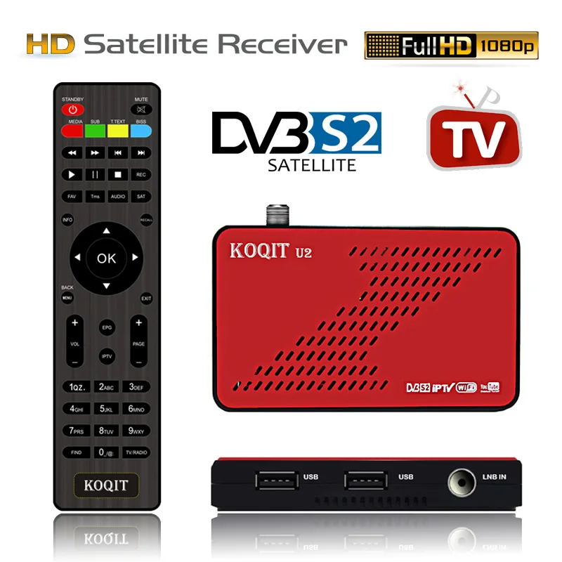 Koqit U2 DVB S2 Receptor satellite receiver satellite Finder Internet DVB-S2 Cs Biss/VU Decoder iPTV USB Wifi/RJ45 Live TV Box