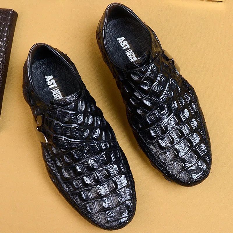 

2019 Quality Black Genuine Leather Loafer Shoes Men Handmade Mans Buckle Strap Casual Luxury Brand Driiving Crocodile Shoes
