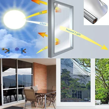 

One Way Mirror Window Film Mirrored Privacy Glass Stickers Non-Adhesive Heat Control UV Blocking Self Static Cling Window