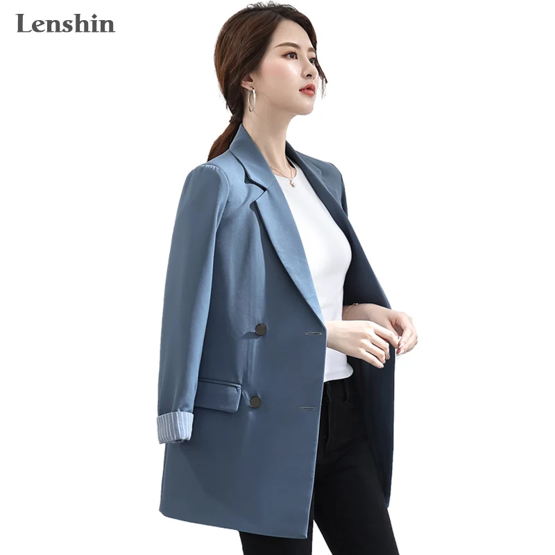 

Lenshin Vintage England Style Double Breasted Coat with Pockets for Women Solid Long Sleeve Jacket Fashion Outwear Blazer