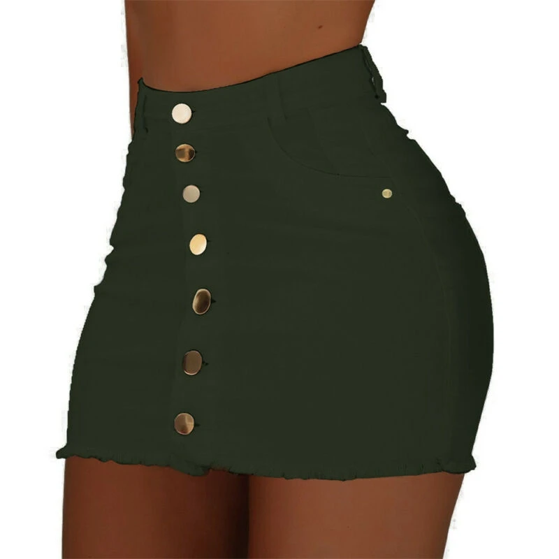 Женская юбка с высокой талией, летняя джинсовая короткая мини джинсовые юбки на пуговицах - Цвет: Зеленый