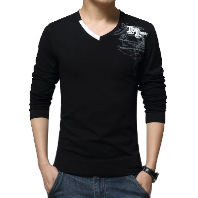 Осень, новая модная мужская футболка, повседневная, v-образный вырез, длинный рукав, футболка, Мужская одежда, тренд,, одноцветные футболки для мужчин 4XL 5XL - Цвет: T218 Black