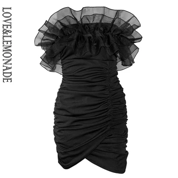 

LOVE & LEMOANDE Sexy Black Tube Top Bodycon Large Ruffle Mesh Net Party Mini Dress LM90223