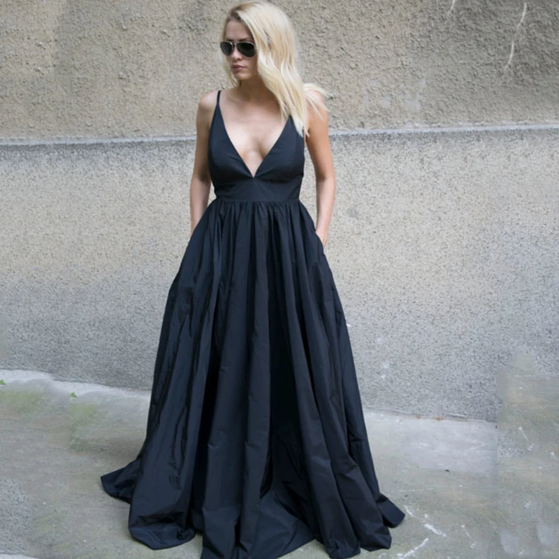 

Simple V-Neck Backless Spaghetti Straps Wedding Dress Pleats Pocket Taffeta Prom Dress A-Line Tulle Evening Gowns