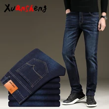 XuanSheng Стрейчевые мужские джинсы синие Черные Прямые повседневные уличные платья осенние плотные Мужские штаны оригинальные деловые джинсы