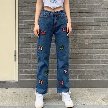 

Embroidery Jeans Woman 2020 Ripped Distressed Jeans Mujer Washed Denim Pant High Waist Hole Jeans Straight Denim Trouser