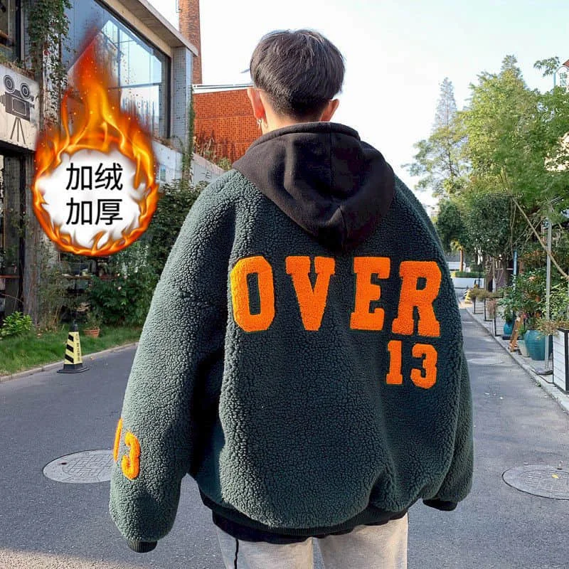 

2021 new winter and spring lamb velvet jacket men's winter thickened Hong Kong style brand loose baseball cotton padded coat