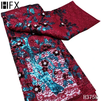 

HFX High Quality 2020 Nigerian Lace Fabric Red Sequins Lace Fabric African Net lace French Sequin Tulle Lace Fabric Wedding
