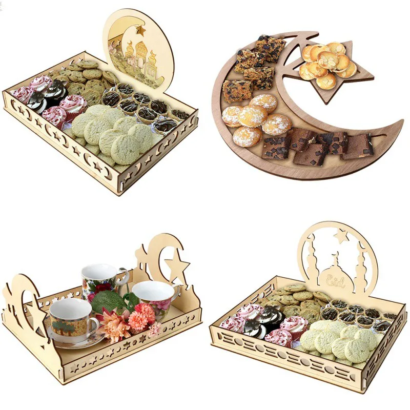 Eid Mubarak полый десертный поднос мусульманский ислам украшения для Рамадана Mubarak DIY деревянный бисквит десерт лоток вечерние принадлежности