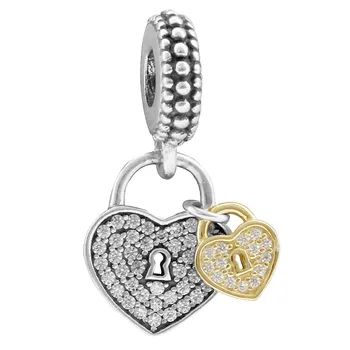 

Authentic 925 Sterling Silver Bead Charm Gold Love Heart Lock With Crystal Pendant Bead Fit Bracelet DIY Jewelry