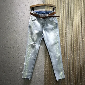 

Spring Fall New High Waist Elastic Jeans Woman Side Hot Drilling with Holes Flash Cowboy Pencil Pants Women's Fashion Jeans