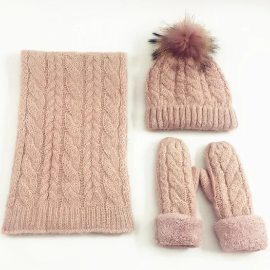 pink Новое поступление, женские зимние аксессуары, шарф, шапка, перчатки, теплый комплект из трех предметов, шарф, комплект для детей - Цвет: pink